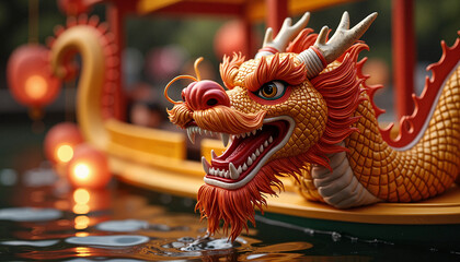 Obraz premium Vibrant Dragon Boat Head with Intricate Details on Water During Festival