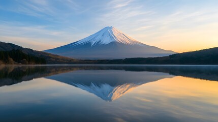 Fototapeta premium Majestic Mount Fuji Reflecting in Calm Lake Waters at Dawn