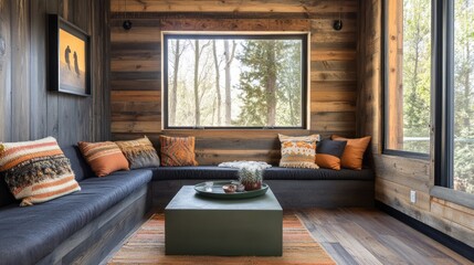 Fototapeta premium Cozy rustic room with built-in banquette, wood walls, and large window.