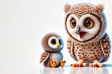 Obraz premium Two owls, an adult and a cub, on a light background. Space for text.