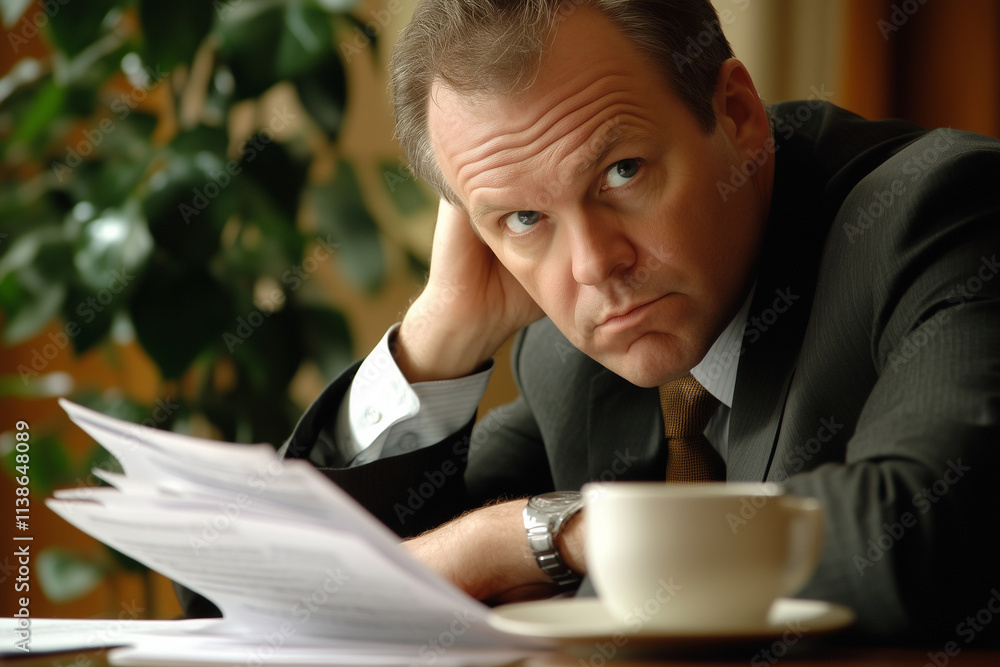 Poster man in a suit is sitting at a table with a cup of coffee and a stack of papers. he is deep in though