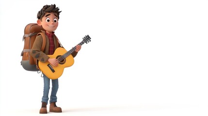 Naklejka premium A cheerful 3D cartoon backpacker boy wearing a casual jacket and a large backpack, holding a guitar slung over his shoulder, standing confidently on a clean white background.