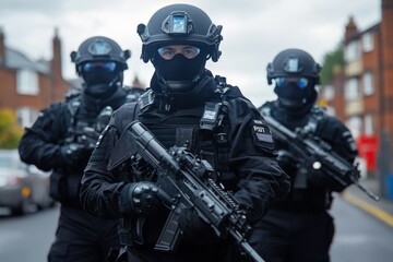 Naklejka premium A highly trained tactical unit maneuvers through an urban environment showcasing precision and readiness. The image highlights teamwork and discipline. Generative AI