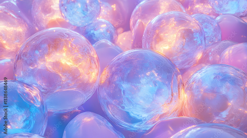 Poster a close-up of glowing microbial spheres in vibrant pink and blue tones, resembling cellular structur