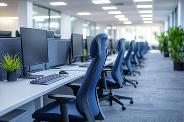 Bright White Modern Office with Sleek Rows of Contemporary Furniture and Clean Design