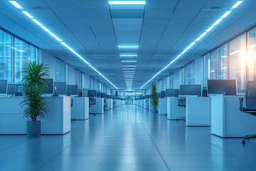 Fototapeta premium Bright White Modern Office with Sleek Rows of Contemporary Furniture and Clean Design
