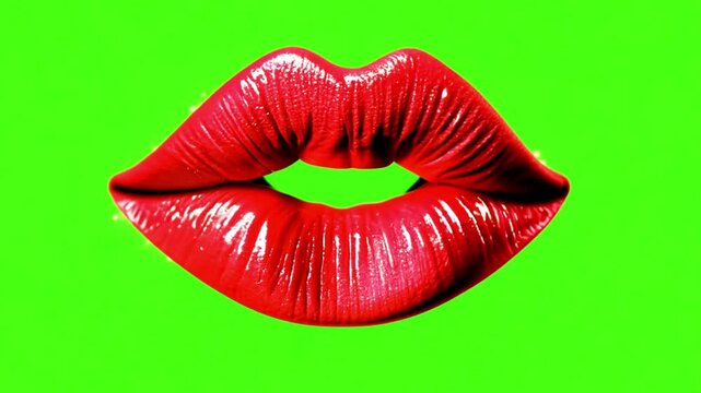 Red lip Kiss mark emoji animated on a green screen 4k video. Lips animation chroma key