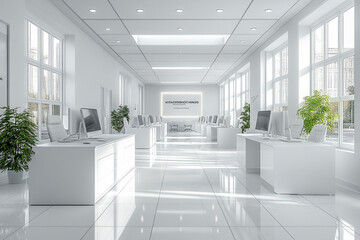 Bright White Modern Office with Sleek Rows of Contemporary Furniture and Clean Design