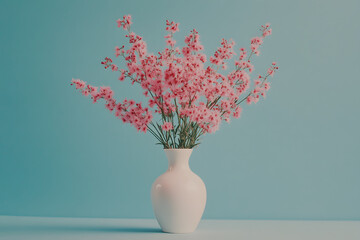A simple bouquet of bright pink flowers arranged in a clean white vase, set against a turquoise blue background for a vibrant and modern aesthetic.  .