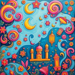 Obraz premium Mosque, Moon, & Flowers: Ramadan Art