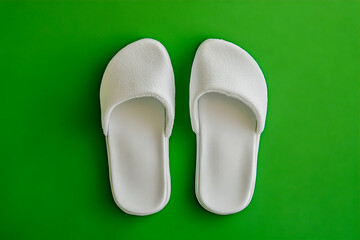 Home Slippers on Green Background, Top View, Close-Up, High-Resolution Photography