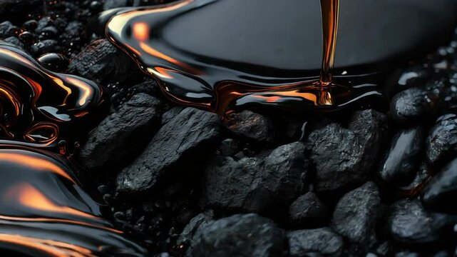 Black gold, or crude oil, flows and forms puddles on a pile of raw coal stones, highlighting the connection between fossil fuels and energy production