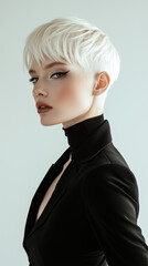 Fototapeta premium Beautiful woman with platinum blonde hair wearing stylish black outfit in elegant and minimalist setting