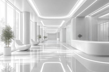 Bright White Modern Office with Sleek Rows of Contemporary Furniture and Clean Design