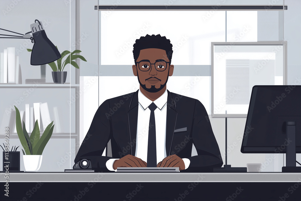 Poster man in a suit is sitting at a desk with a keyboard and a computer monitor. he is wearing a tie and g