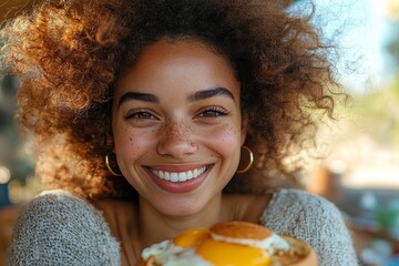Naklejka premium A smiling person enjoying an egg while sitting outdoors in a sunny park, celebrating a cheerful morning. Generative AI