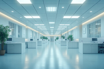 Fototapeta premium Bright White Modern Office with Sleek Rows of Contemporary Furniture and Clean Design