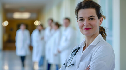 Une femme en blouse blanche avec un stéthoscope et des collègues dans un couloir médical.