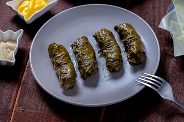 dolma with rice and lamb and sauce and hummus in a plate on a wooden table