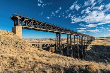 Long metal railroad bridge extending over a desert landscape, with blue skies above