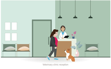 Illustration of a veterinary clinic reception where a client with her dog is being attended by a veterinary receptionist. Modern and professional environment with decorative details.