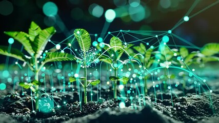 Glowing digital lines connecting growing plants symbolize innovative smart farming technology improving agriculture and crop growth - Powered by Adobe