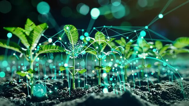 Glowing digital lines connecting growing plants symbolize innovative smart farming technology improving agriculture and crop growth