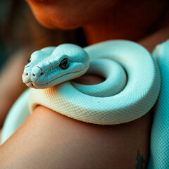 Fototapeta premium An extreme macro close-up reveals a white snake on a woman's shoulder, highlighting intricate details with warm terracotta and cool teal colors, creating an earthy and cool contrast
