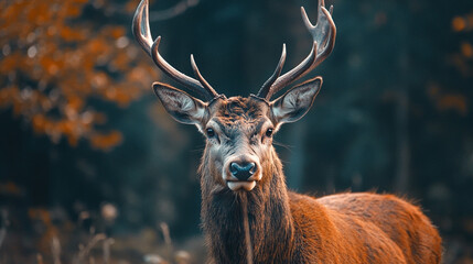 Deer with large antlers stands in a forest. The deer is brown and has a white nose