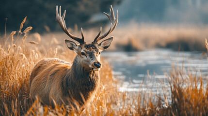 Deer is standing in tall grass by a river. The deer is brown and has large antlers. The scene is peaceful and serene, with the deer looking out over the water