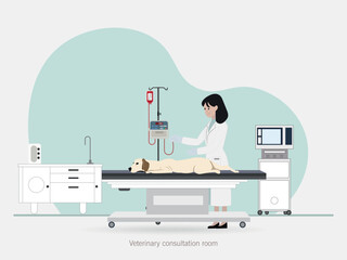 Illustration of a veterinarian performing an examination on a dog lying on an examination table in a consultation room equipped with modern medical devices and supplies.