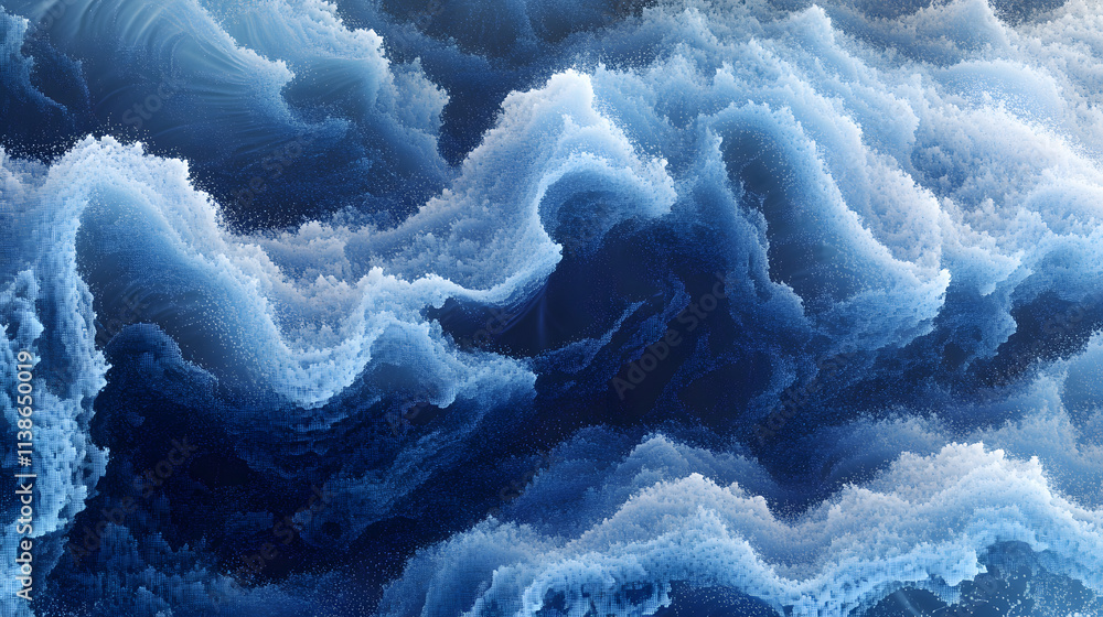 Poster a surreal abstract composition of flowing waves in delicate blue and white tones, creating a calm an