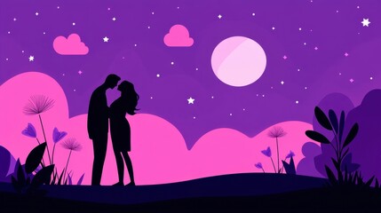 Obraz premium Romantic scene with silhouetted figures embracing under a night sky with a large moon, surrounded by stylized flowers and clouds