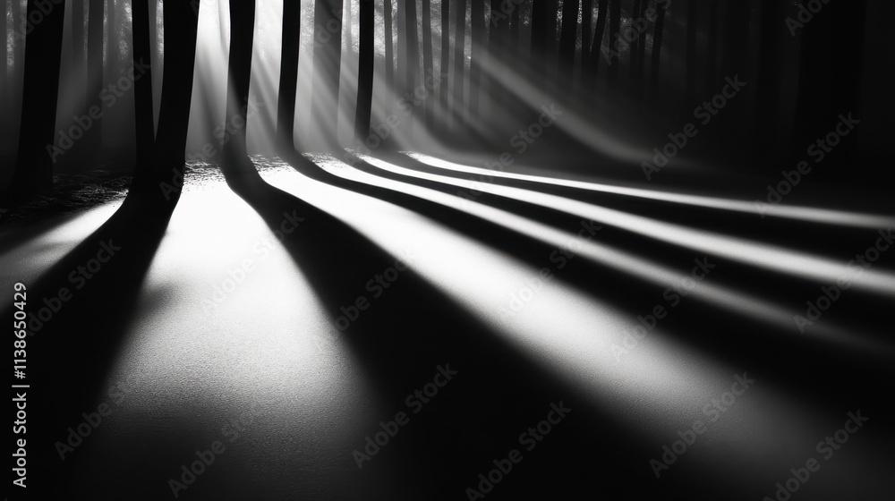 Poster sunlight streams through the trees in a dark forest, creating dramatic beams of light and shadow