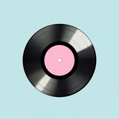 Minimalistic Vinyl Record with Pink Label on Light Blue Background