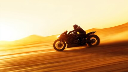 Fototapeta premium Motorcyclist is speeding through a desert landscape during sunset, creating a dynamic motion blur effect