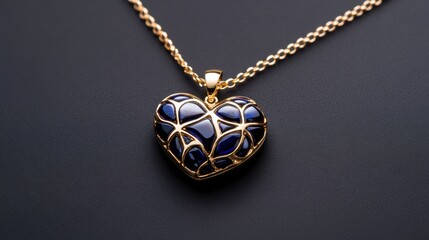 A gold heart-shaped pendant with dark blue enamel sections hangs from a gold chain against a dark background