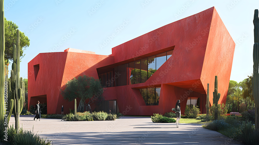 Poster a bold red architectural structure featuring angular geometric shapes under a bright blue sky, creat