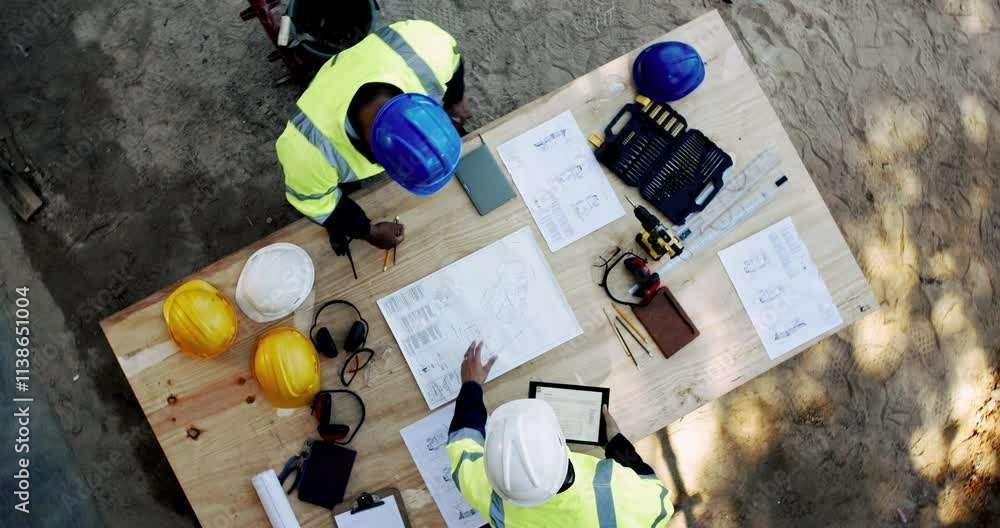 Poster above, people and paper on construction site for planning, urban development and project management 