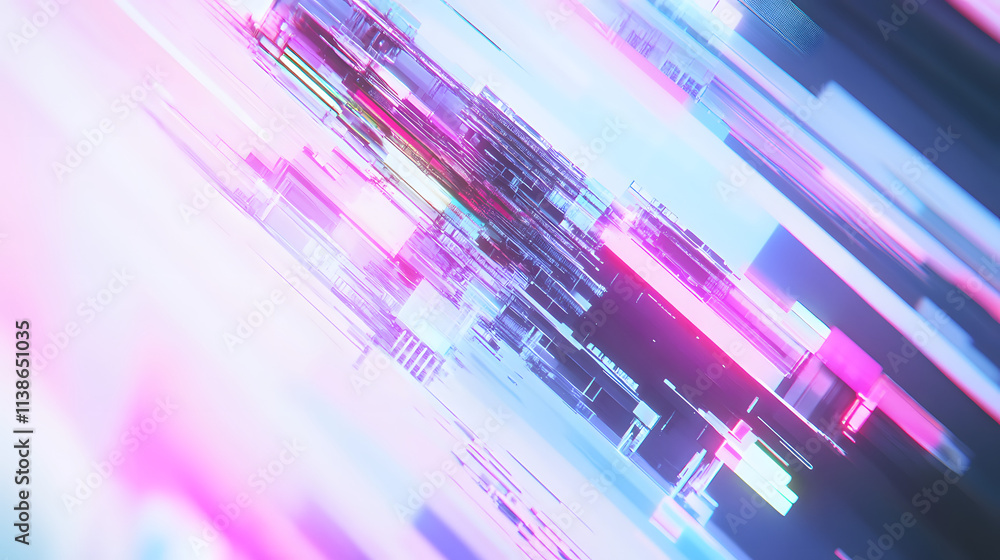 Poster a futuristic digital abstract with glitch effects, neon colors, and distorted lines creating a vibra