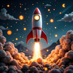 Naklejka premium Soaring rocket amidst a cosmic cloud of currency and wealth symbols, digital art of surrealism concept.