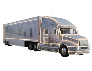 Naklejka premium 3D rendered festive Christmas truck with lights and snow isolated on transparent background