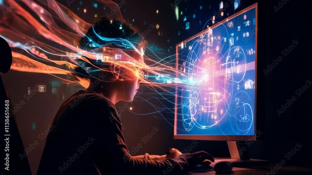 Poster young programmer works on a computer in a dark room, with waves of colorful light emanating from the