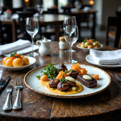 Gourmet dining experience with succulent meats and fresh sides in a cozy restaurant ambiance, photography of still life concept.