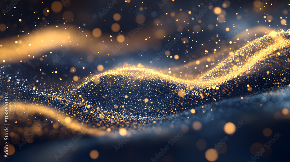Poster abstract waves covered with shimmering golden glitter particles on a dark background, creating a mag
