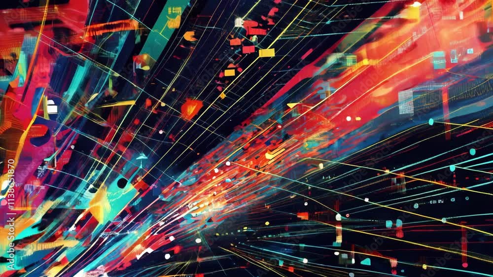 Poster abstract animation showcases rapid data movement through a complex network, featuring vibrant colors