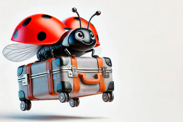 Ladybug with a suitcase on a trip. Space for text.