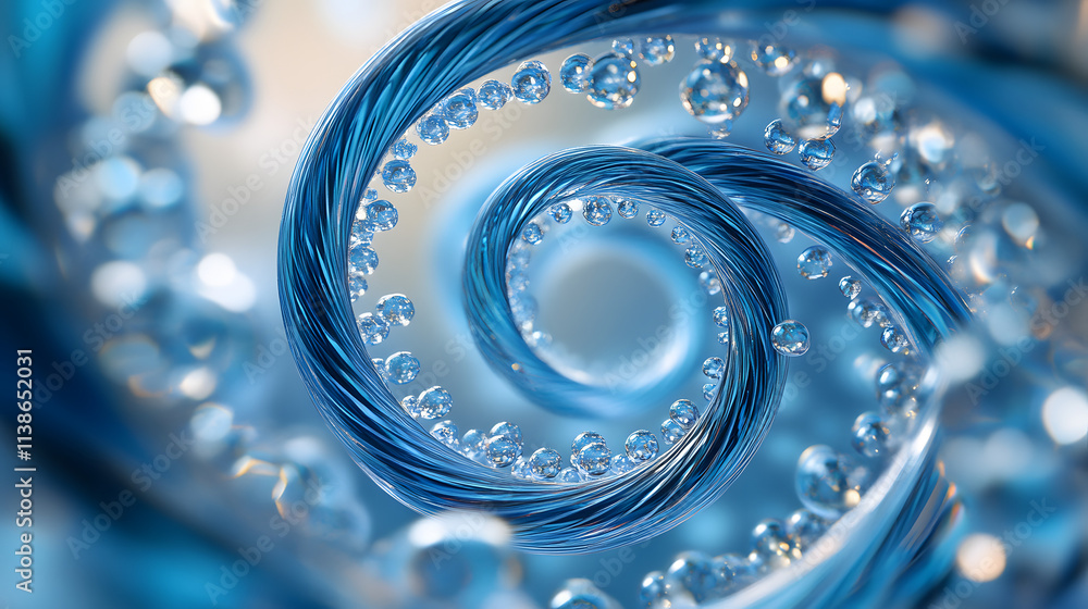 Poster an intricate blue spiral decorated with shimmering water droplets, creating a dynamic and elegant ab