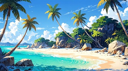 Naklejka premium Tranquil Tropical Beach Paradise: A Stunning Digital Painting of a Serene Island Getaway