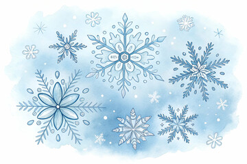 A serene watercolor illustration featuring various intricate snowflakes against a soft blue background, evoking a wintery, tranquil atmosphere.